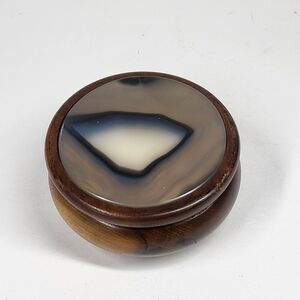 Agate Lid Trinket Box Wooden Vintage Round Jewelry Holder